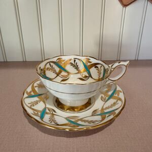 Royal Stafford Aqua Blue and Gold Vintage English Teacup and Saucer